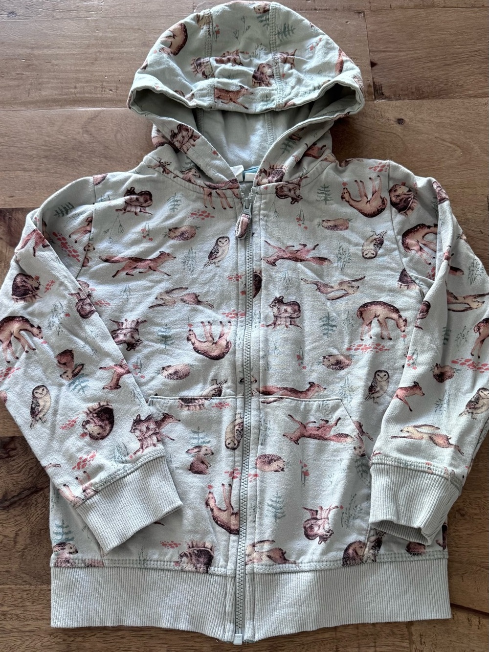 Aby Hooded Zip-Up Sweatshirt Sage with Woodland Animal Print organic cotton sz 5